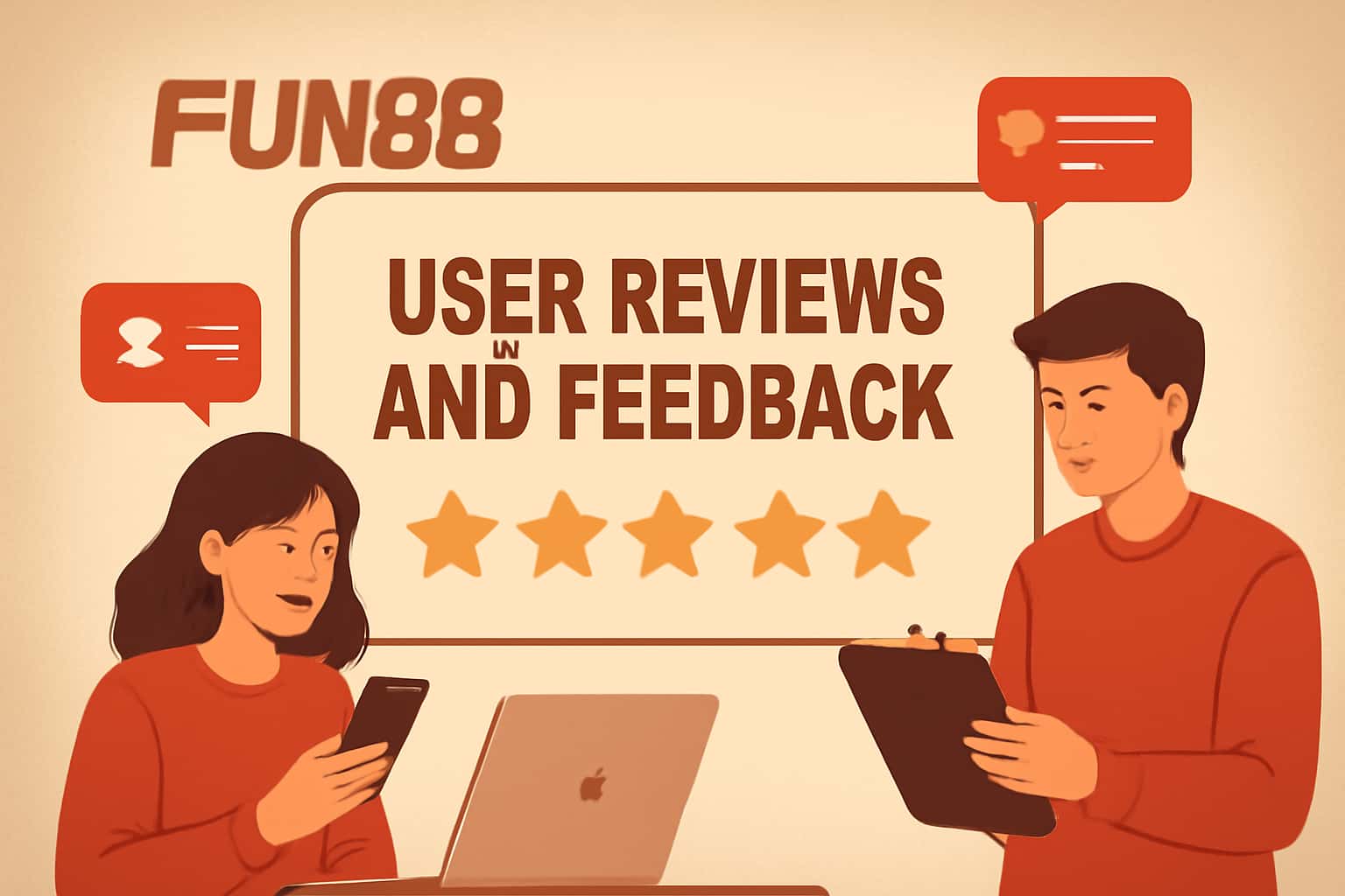 An informative scene showcasing user reviews and feedback about Fun88, rendered in a futuristic style with #c4181a accents.