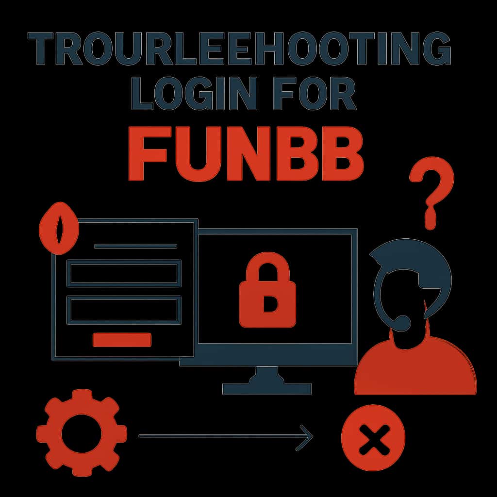 An educational illustration depicting troubleshooting steps for Fun88 login issues in #c4181a.